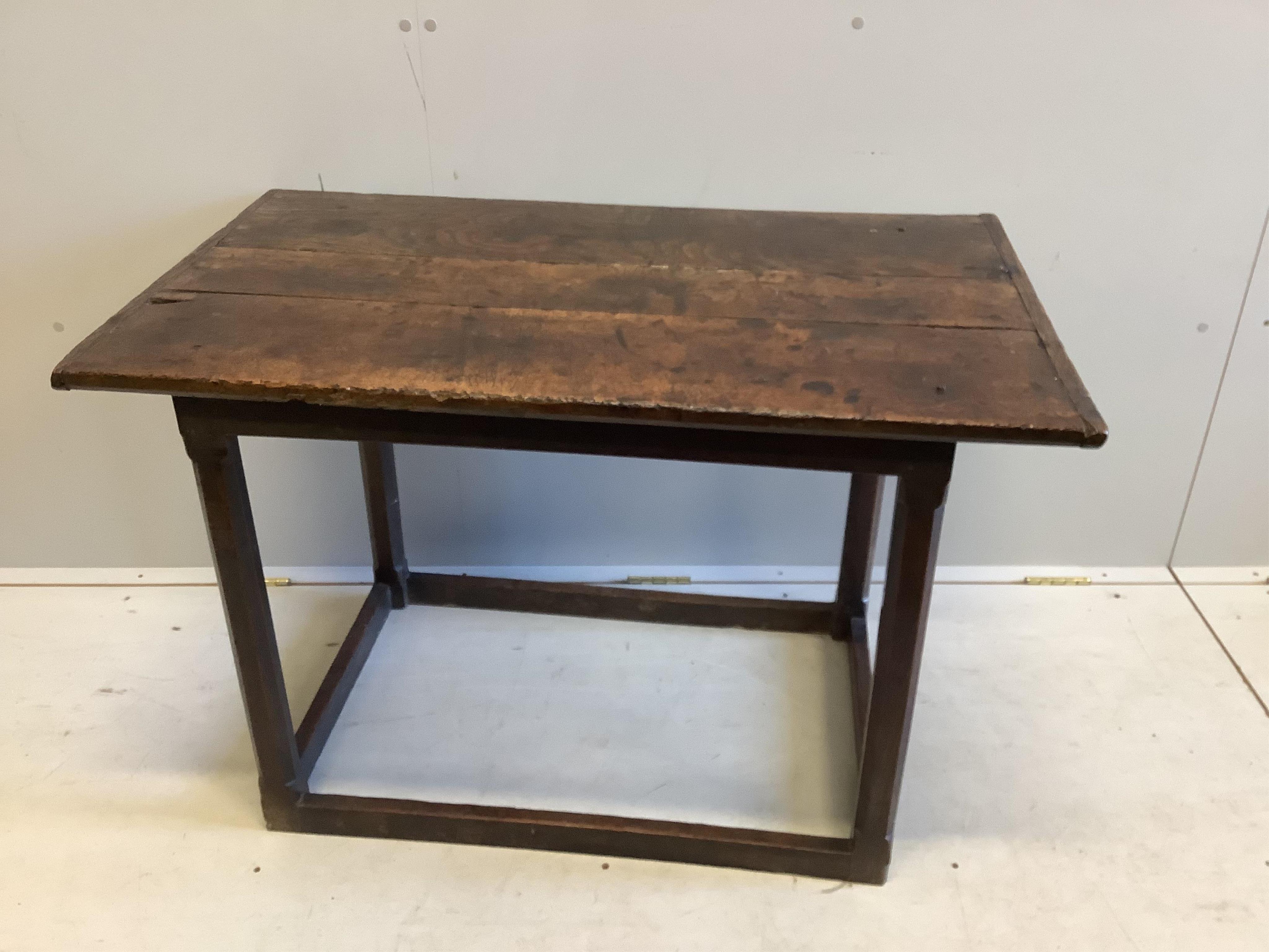 A 17th century and later rectangular oak side table, width 101cm, depth 60cm, height 68cm. Condition - fair